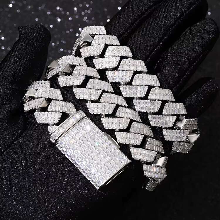 Yu Ying Gems Jewelry 20mm Wide Full baguette Moissanite Diamond Sterling 925 Silver Necklace Cuban Chain