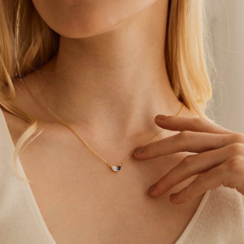 Custom Gold Plated Marquise Birthstone Necklace Simple Multi-Color Zircon Link Chain for Anniversary Birthday Mother's Day Gift