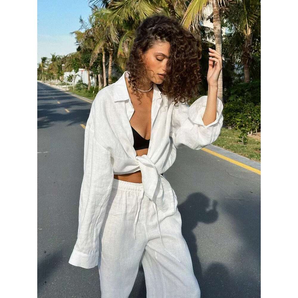 Designer Clothes Wolfeel Casual Shirt Sets 100% Cotton Women's Solid Color Cozy Lapel Long Sleeve Summer Outfit Elastic Waist Pants Suits