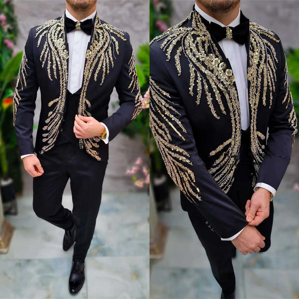 Sparkly Sequins Wedding Tuxedos 2 Piece Set Jacket Pants One Button Men Suit Trim Fit Groom Wear Evening Suits Customized