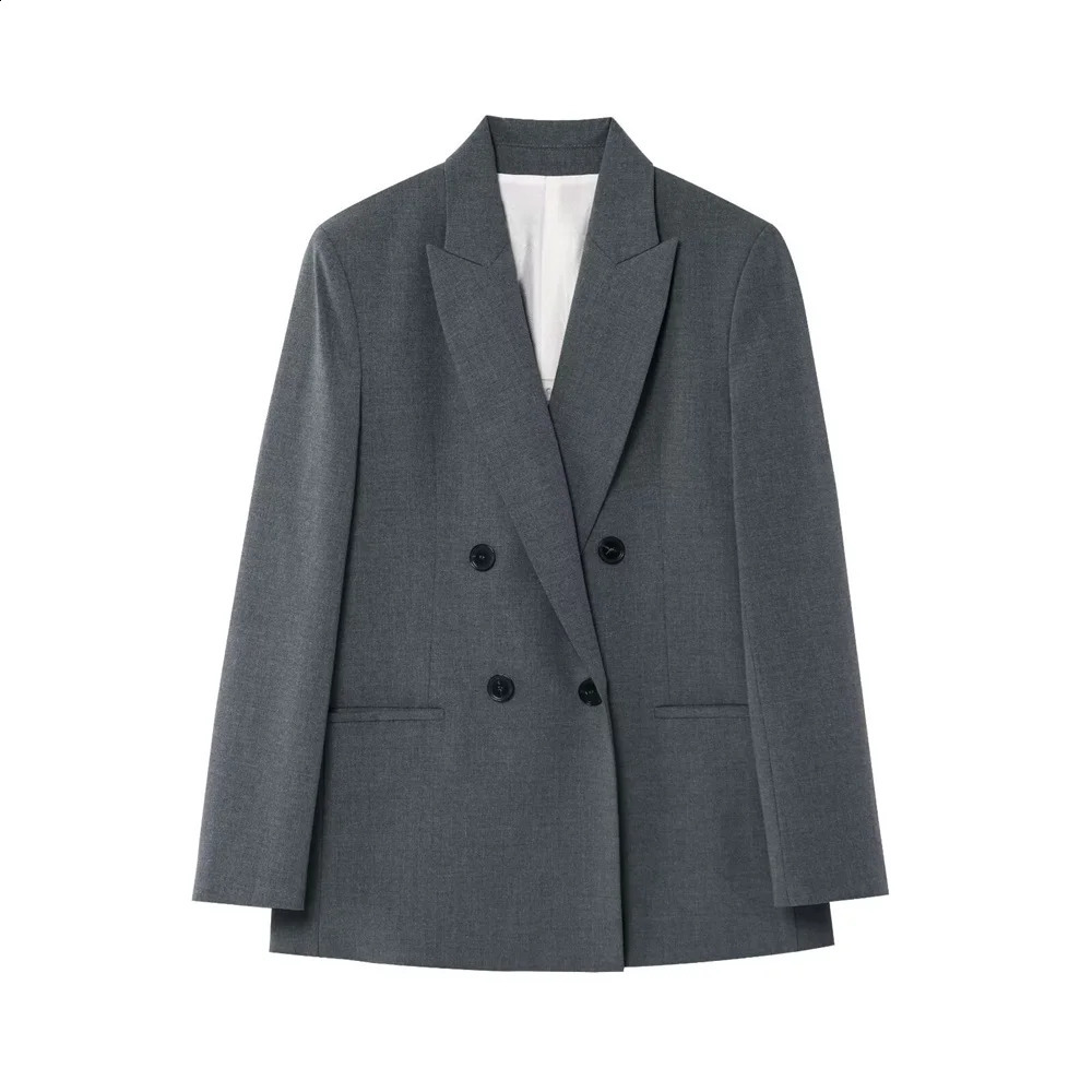 PB ZA 2025 Womens Double Chest Sweatshirt and Wide Leg Trouser Set Black Grey Classic Fashion Office Formal Wear 250411Z