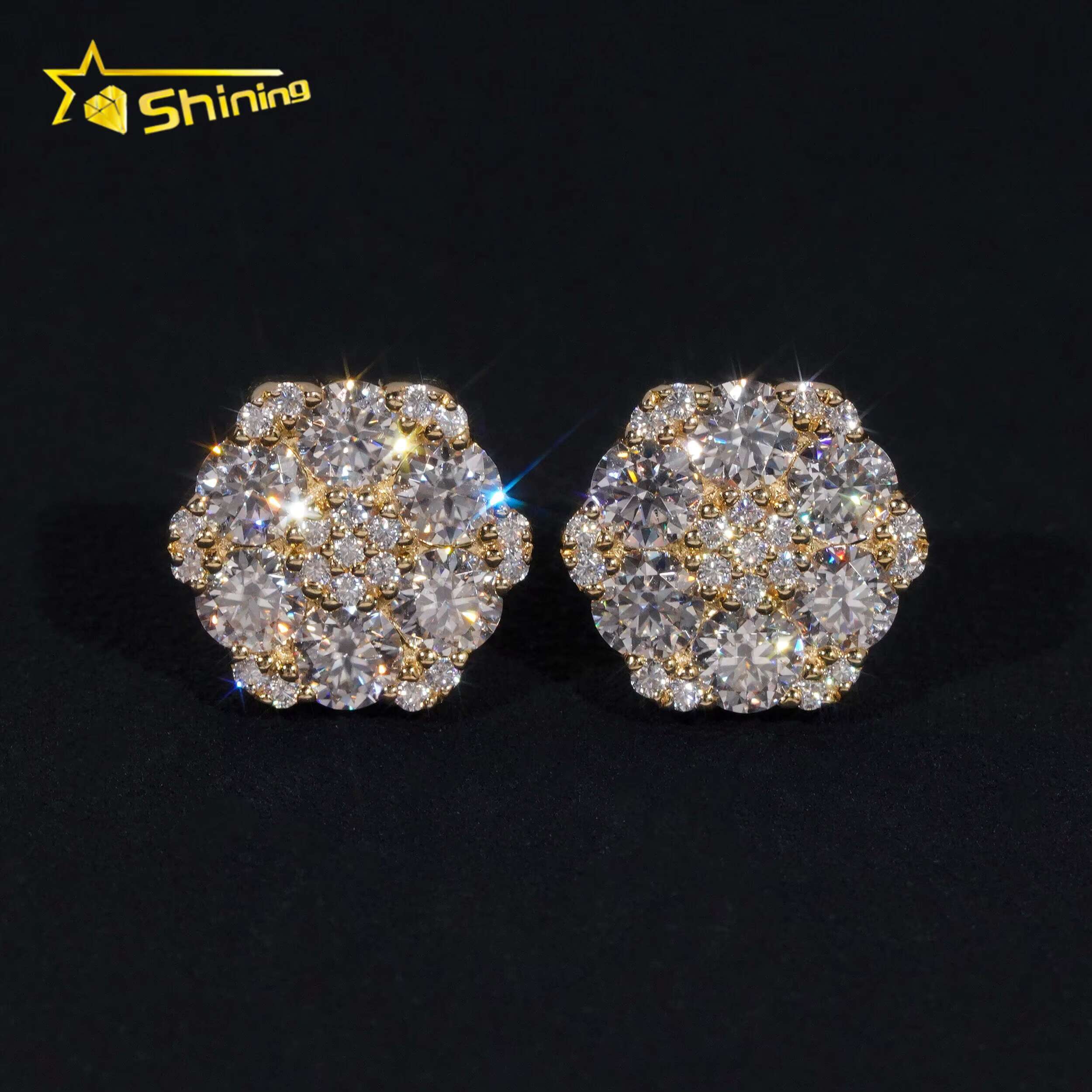 Fine Jewelry Big Luxury Cluster Flower Hip Hop 925 Sterling Silver Moissanite Stud Earrings