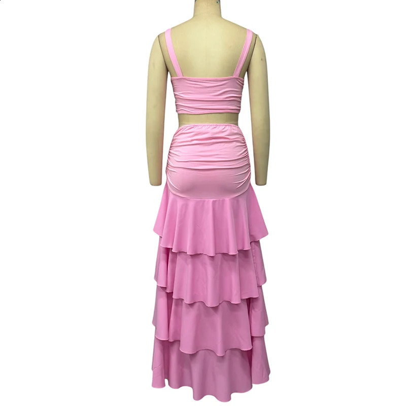 Wefads Women 2 Piece Set Summer Elegant Solid Sleeveless V Neck Hollow Out Backless Tank Top Layered Pleated Long Skirt Sets 250411