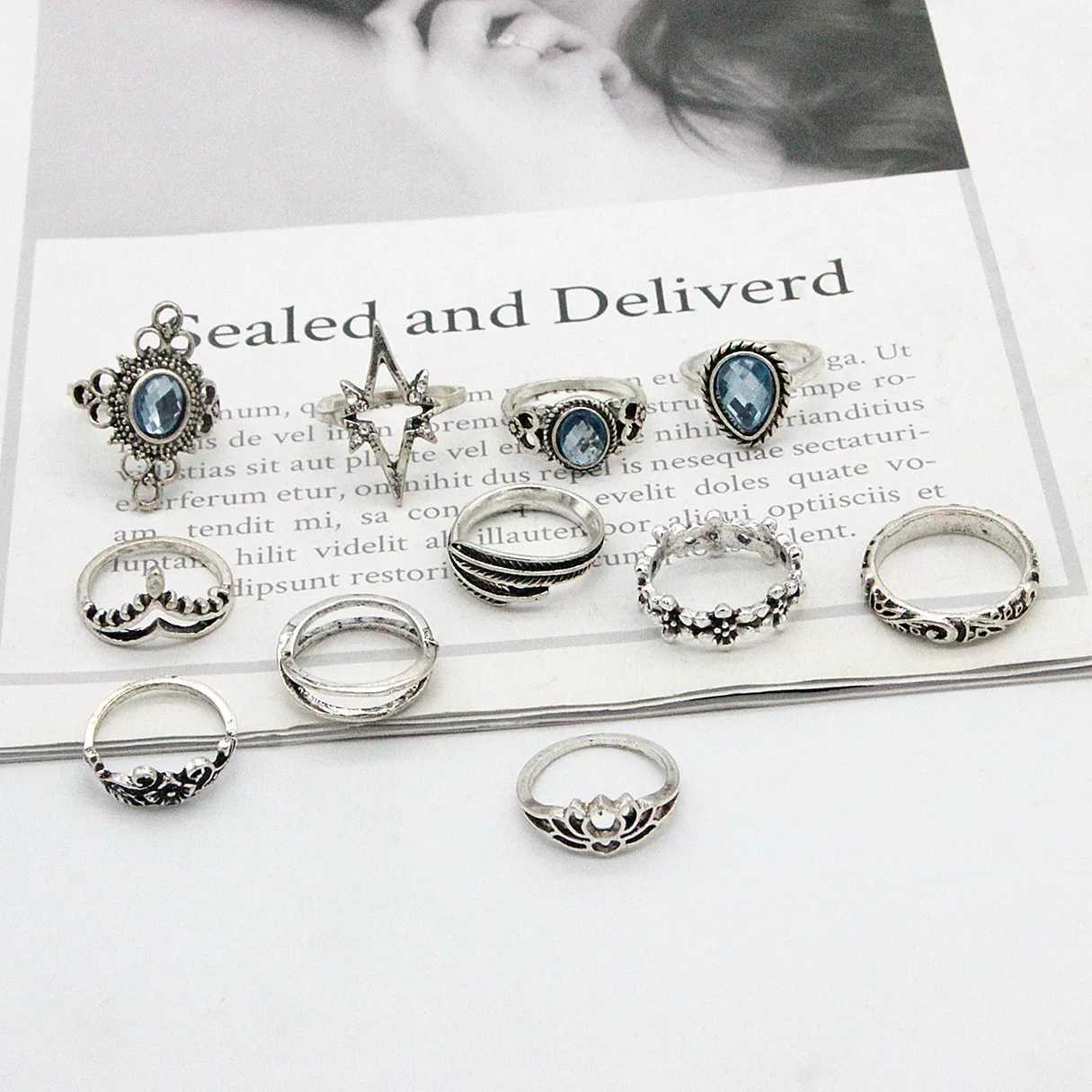 11 pieces/set Bohemian retro silver gothic aesthetic retro carved feather flower leaf butterfly ring setXJ250412