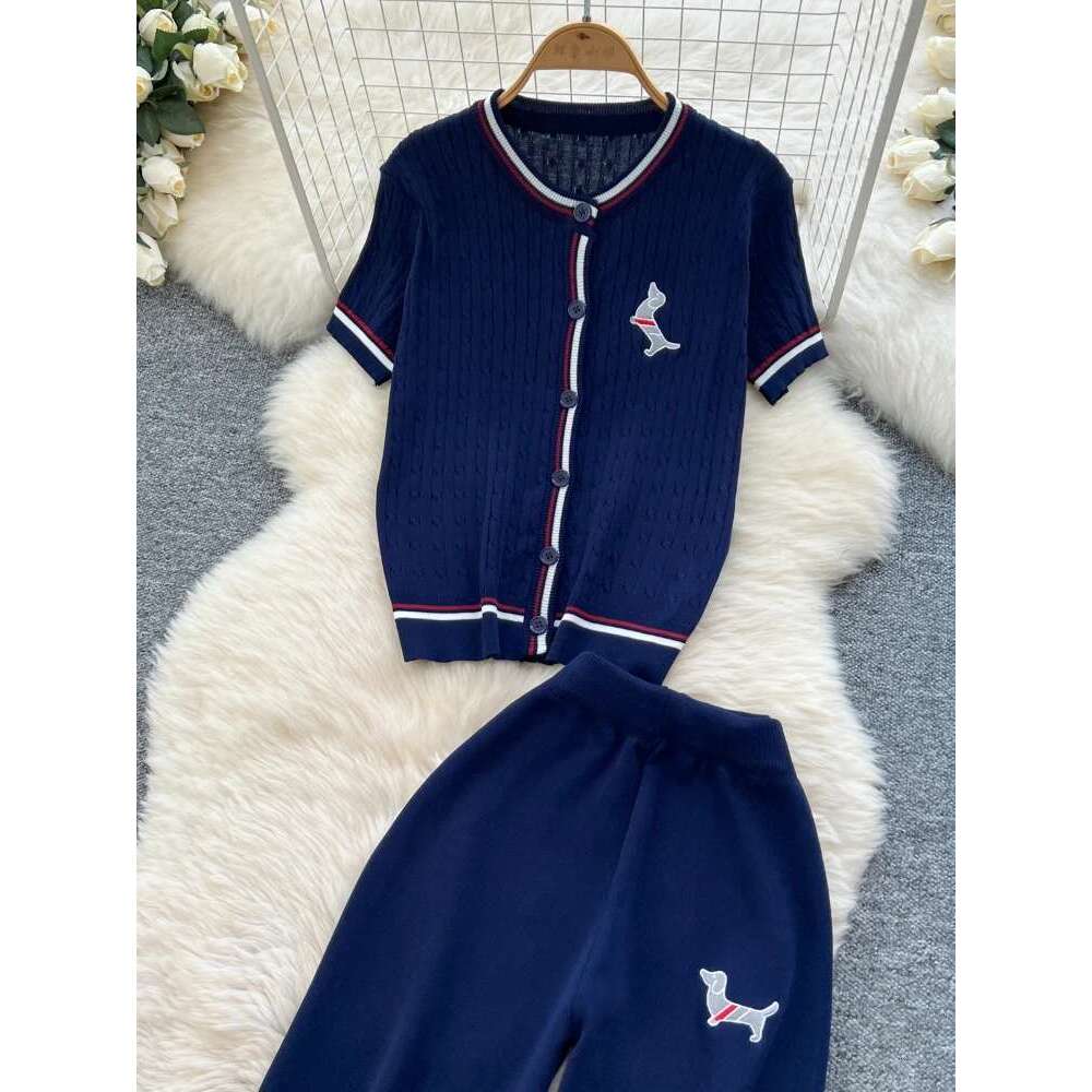 Summer Causal Fashion 2Pc Set Korean Style Knitting Suits Women Puppy Embroidery Color Block Tops+Wide Legs Long Pants