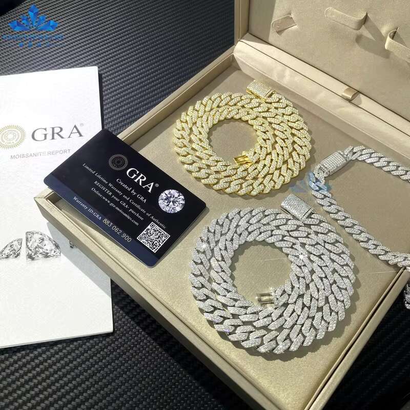 Full VVS Moissanite Design Custom Iced Out Cuban Chain 12mm 2Row 925 Sterling Silver Diamond Cuban Necklace Hip Hop Jewelry