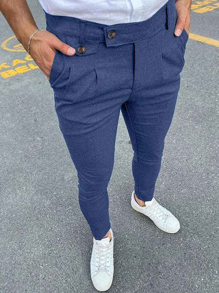 2024 Spring Summer New Casual Suit Men Vintage Solid Color Slim Pencil Pants Fashion Button Waist Design Mens Trousers