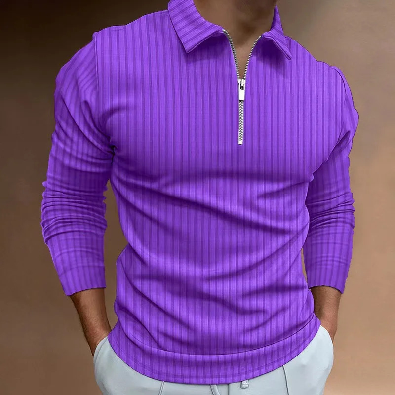 mens autumn and winter solid color lapel casual sports polo shirt with zipper long sleeves and high elasticity 250411
