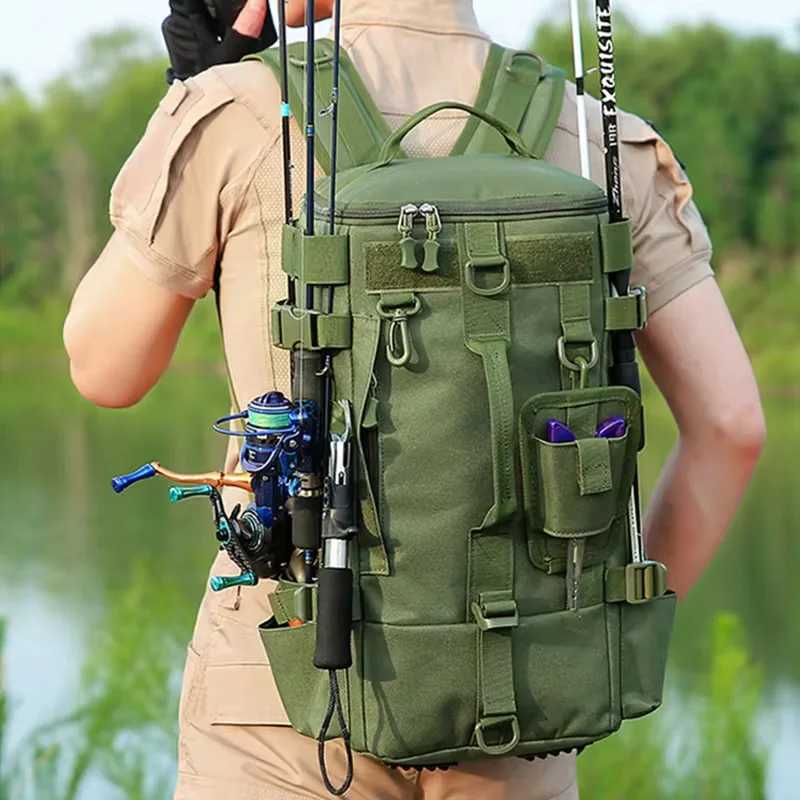 Multifunctional Fishing Backpack Tackle Bag with Rod Holders Fish Equipment Storage Molle Pack Camping Hiking Outdoor Sports Bag Z250411