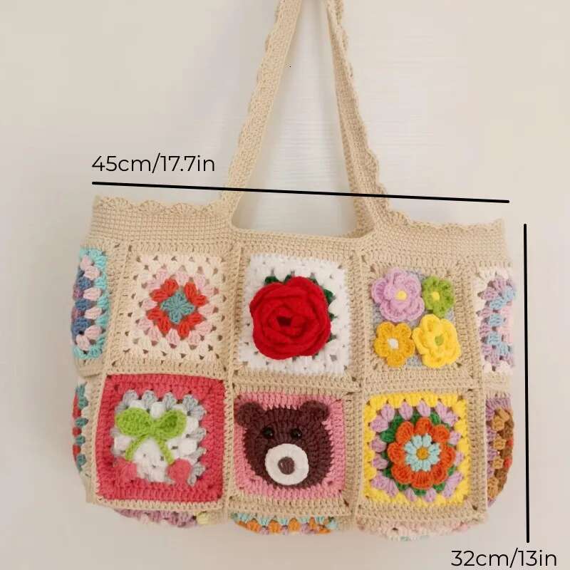 Strawberry Cherry Crochet Granny Square Large Tote Shoulder Handmade Shopping Handbag Vintage Style Summer Beach Bag