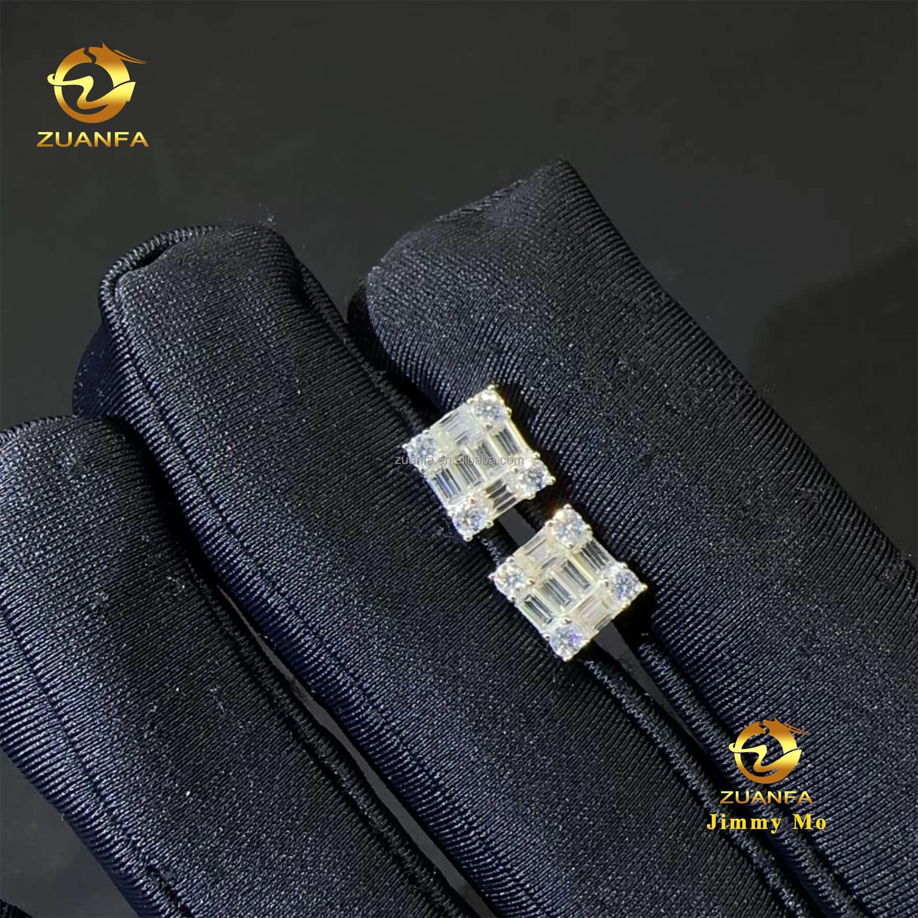 Best Selling Stock Iced Out Man Stud Earrings Baguette Moissanite Diamond Screw Back Setting Hip Hop Stud Earring 925 Silver