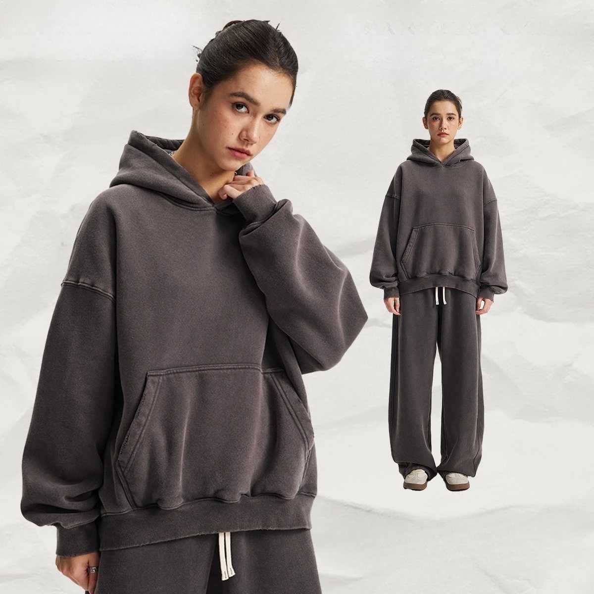POD customization Custom mens new short BOXY version 370G heavy fleece worn old hooded sweater scimitar wide leg trousers couple suitT251112