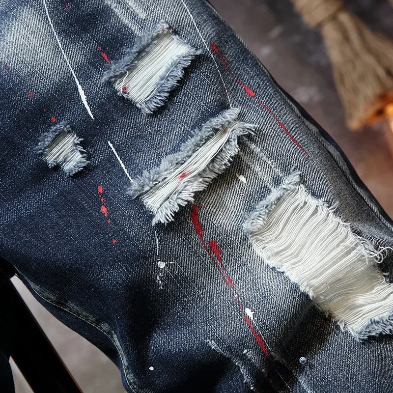 Summer Fashion Mens Graffiti Ripped Short Jeans Casual Slim Big Hole Retro Style Denim Shorts Male Clothes 250411