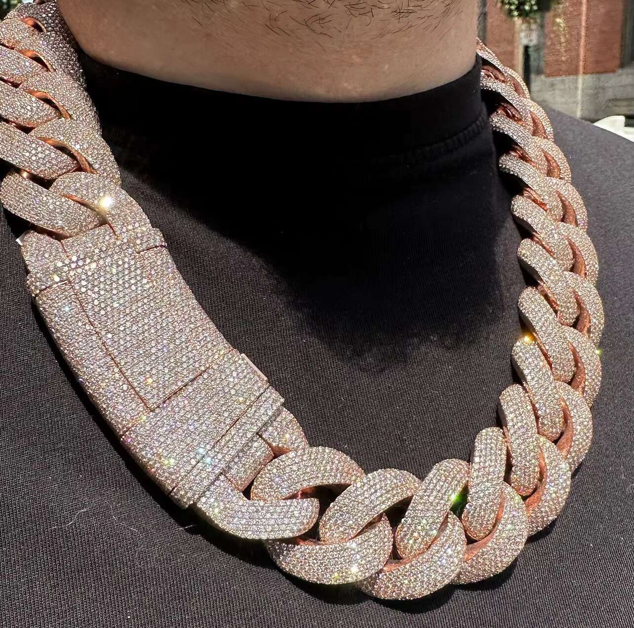 RTS Jewelry Heavy Silver 22mm Wide 18k Gold Plated Necklace VVS Moissanite Iced Out Diamond Cuban Link for Men