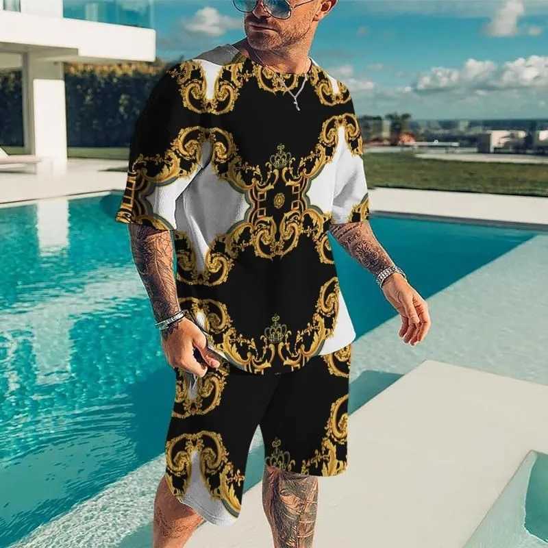 Summer new mens luxury gold patterned sports shirt 3D printed short sleeved T-shirt set fashionable casual mens T-shirt two-piece setXJ250412