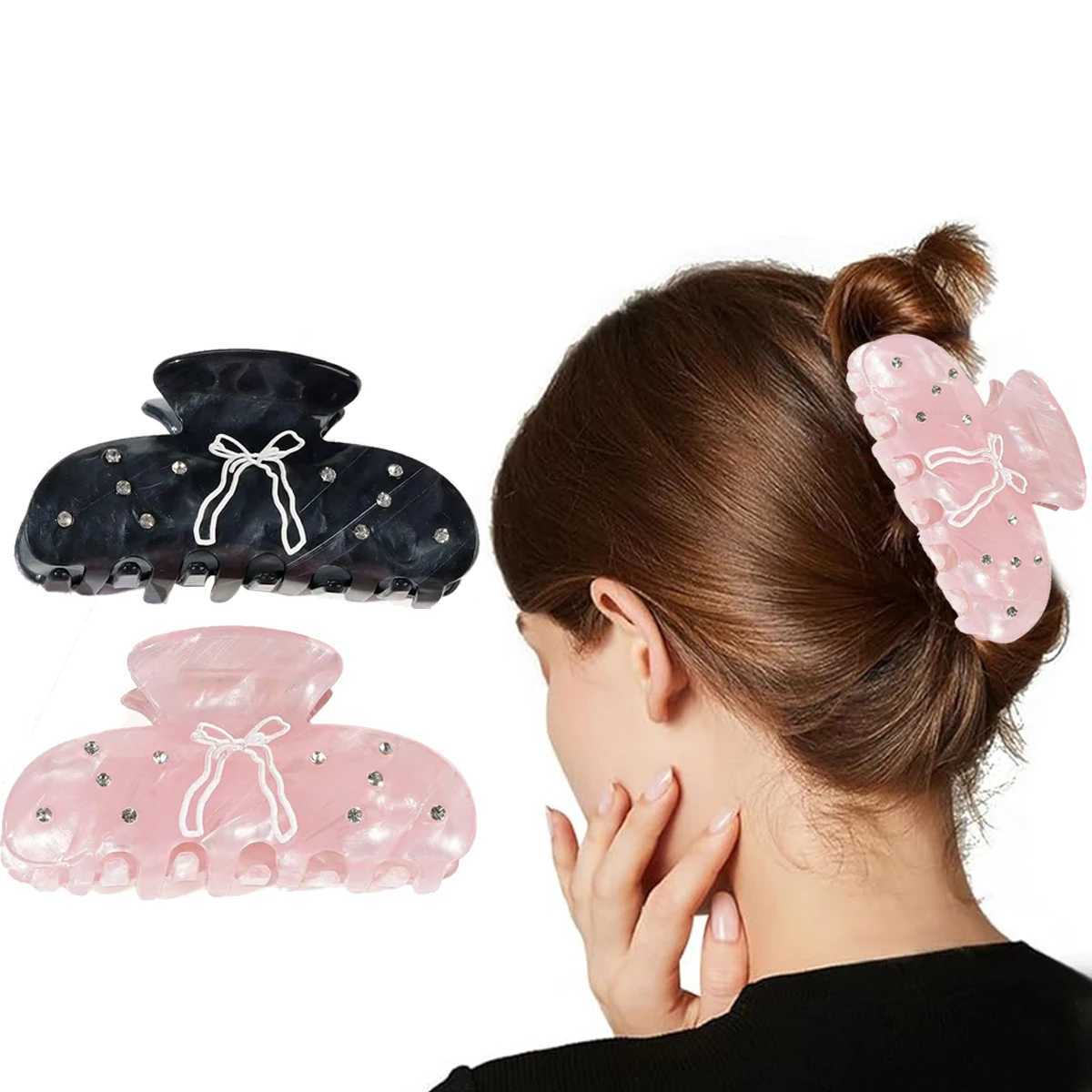 1 piece of French princess style pink and black bow with diamond studs shark clip sweet Updo hair accessories Y2504012