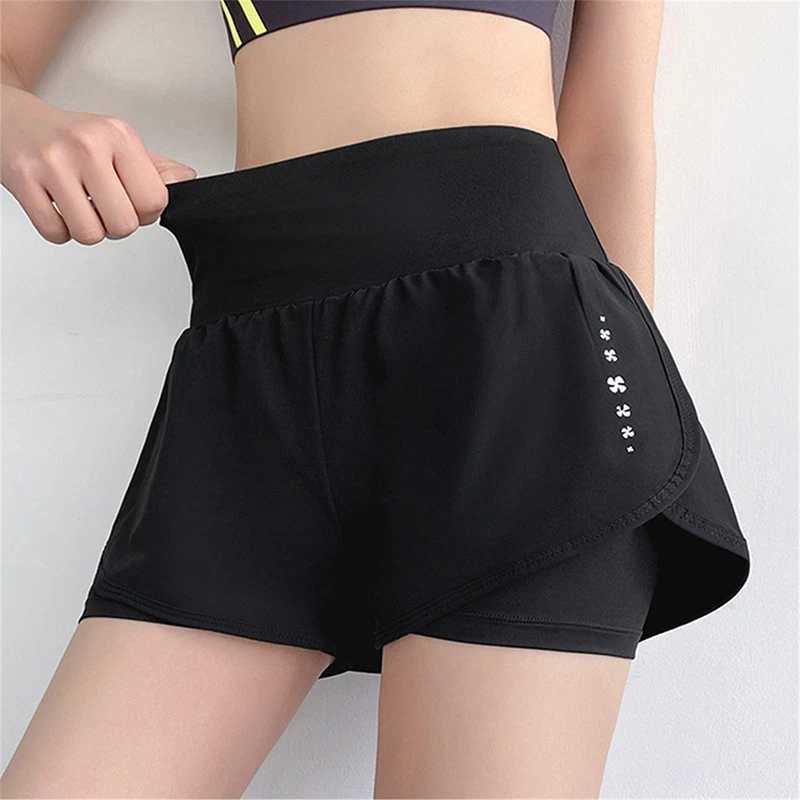 Womens high waisted sports shorts yoga tennis running Pilates bottom tight pockets fake two-piece sports pants Y250412