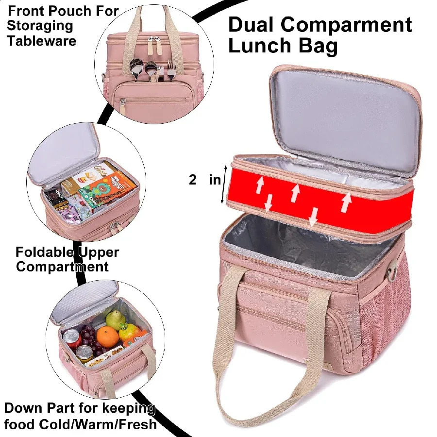 Womens Lunch Bag Loncheras Para Mujer Insulated Double Company Lunch Box Adult Work Beach Picnic Hiking 15L 250410