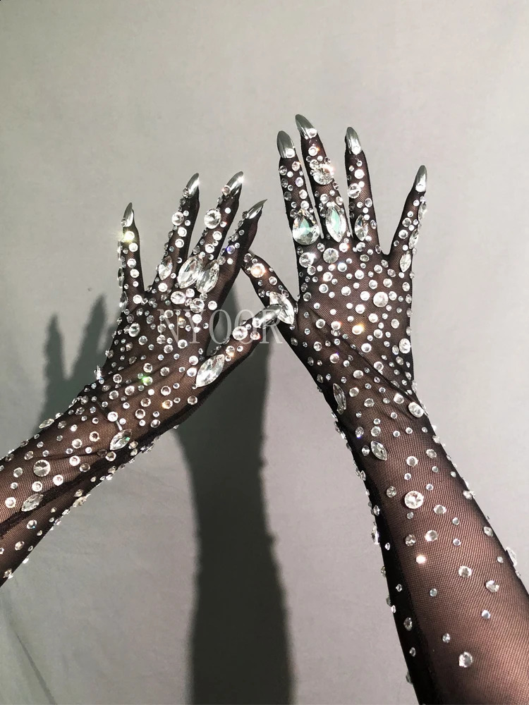 Mesh Black Gloves Shining Crystals Stones Long Mittens Rhinestones Stretch Transparent Bar Singer Party Stage Wear Accessories 250408