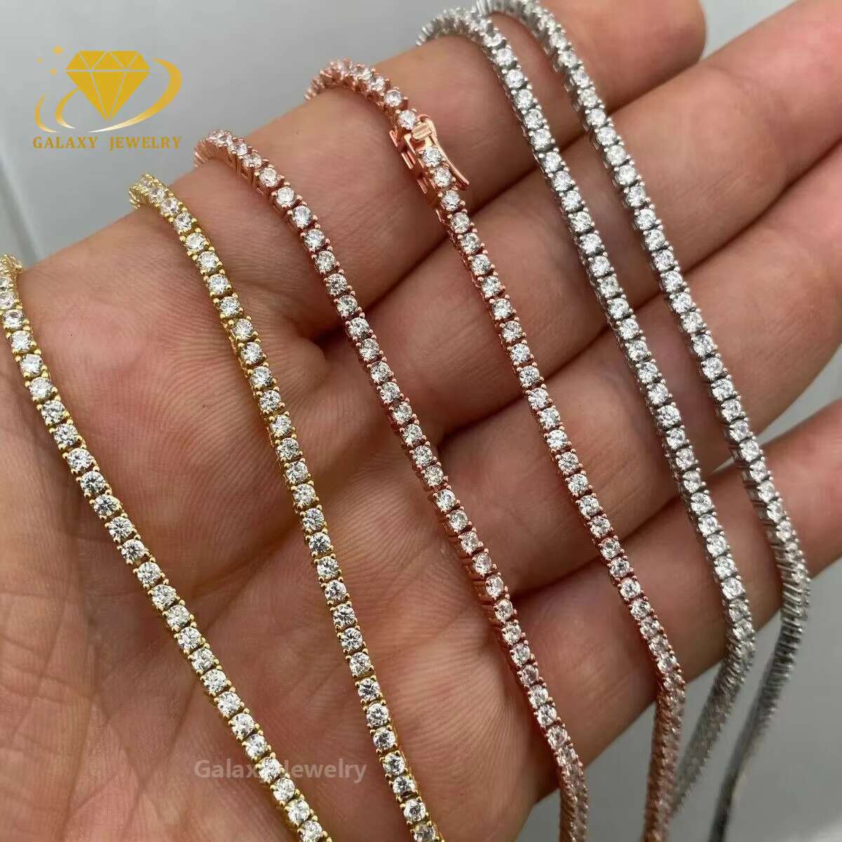Trendy Iced Out Moissanite Diamond 2mm Rose Gold Plated 925 Silver Tennis Chain Moissanite Jewelry Women Hiphop Tennis Necklace
