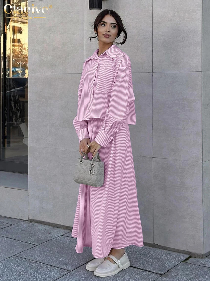 Clacive Fashion Pink Stripe 2 Piece Set Women Outfit Elegant Long Sleeve Shirt With High Waist Long Skirts Set Female Streetwear 250411