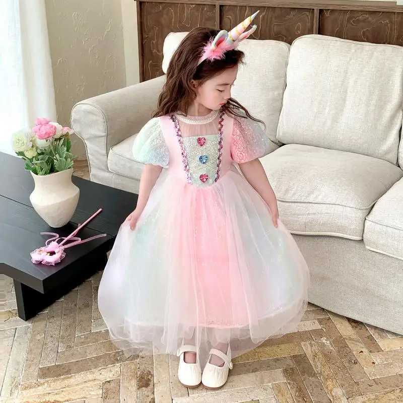 Disney Girls new pearl gradient sequin colored gemstone mesh princess dress with bubble sleeves Halloween mermaid cosplay dressXJ250411