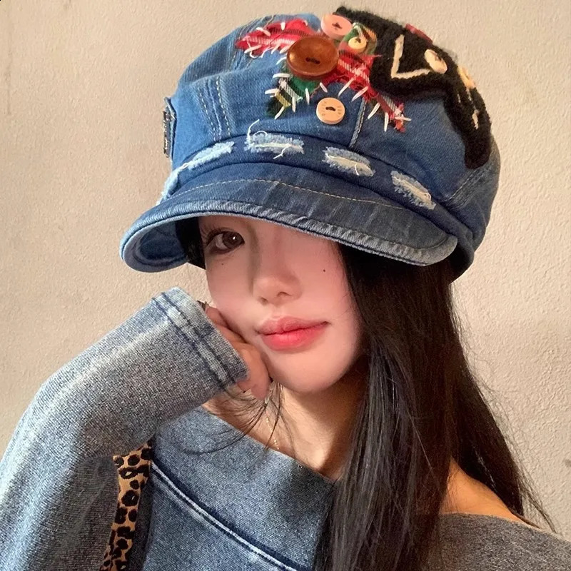 Hip Hop Denim Berets Cap Women Retro Patch Button Star Berets Spring Summer Travel Versatile Show Face Small Octagonal Hat 250403