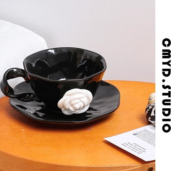 Designer Irregular Camellia Bone China Luxury Cup Set, Elegant Coffee Cups, High-End Ceramic Mugs with Saucers, Complete Set, Sophisticated Gift