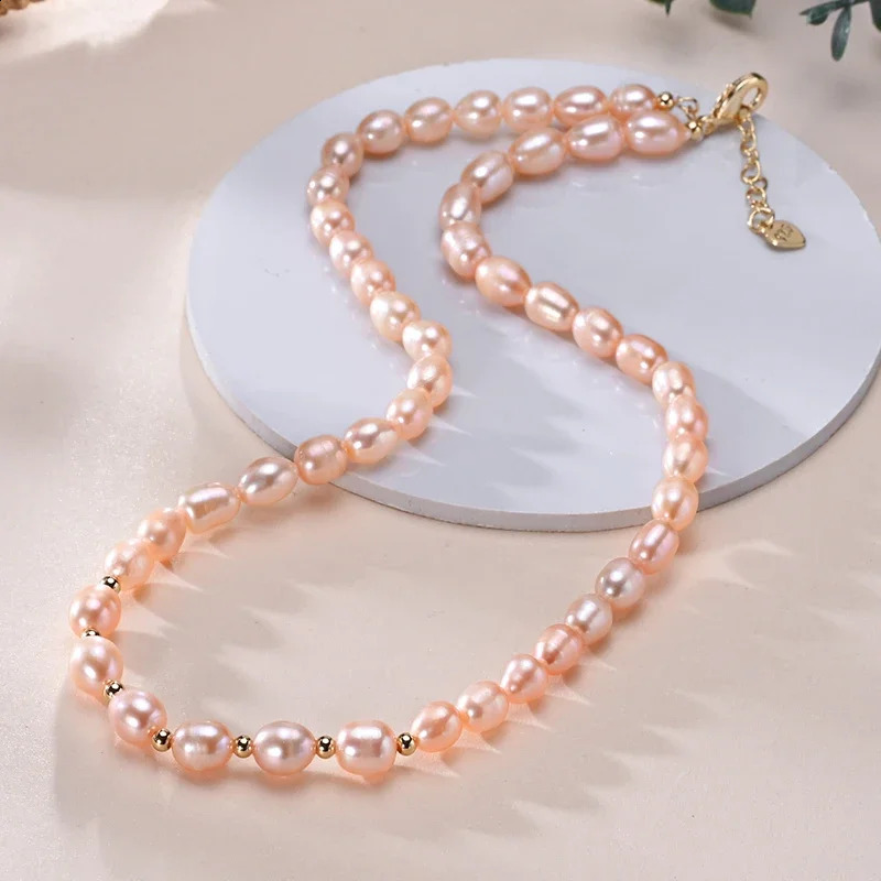 HENGSHENG 6-7mm Rice Shape Freshwater White Pink Purple Mixed Color Pearl Necklace 925 Sterling Silver Jewelry for Women Girls 250407
