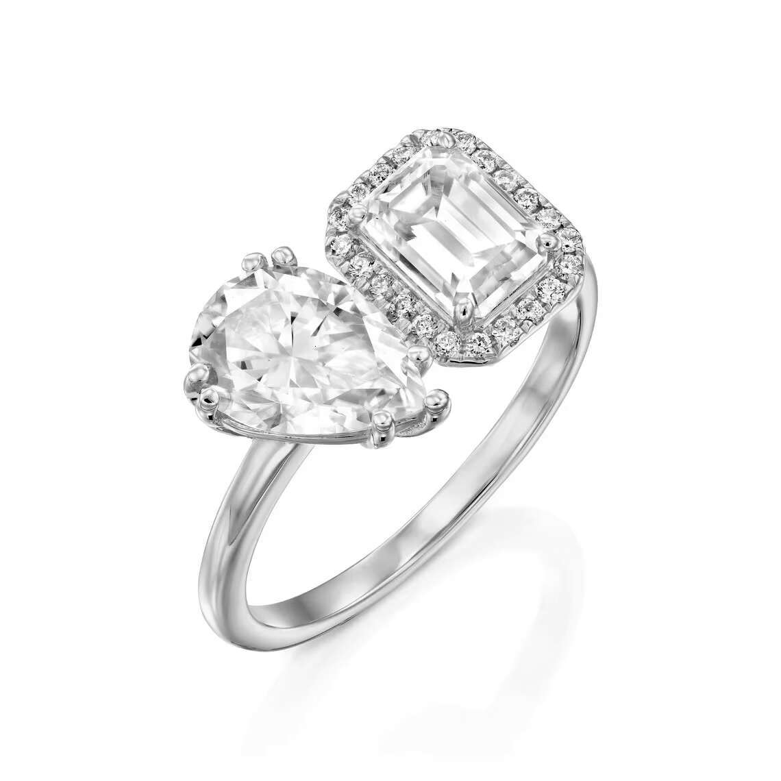 Custom 925 Silver Jewelry Multi Stone Wedding Engagement Toi Et Moi Pear Emerald Cut Moissanite Ring