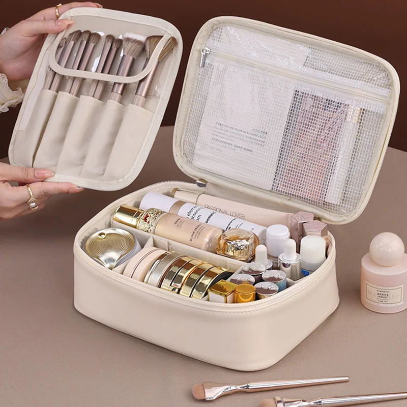PU large capacity handbag makeup bag portable travel organizer Tolietry cosmetics storage bag womens double-layer bag 250410
