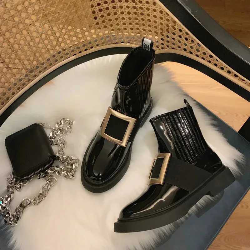 Japanned Leather Chelsea Boots Ladies Brand Shoes Winter Brand Metal Buckle Botas Femme Streh Riding Bottes Women Shoes BotasXJ251112 - view 5