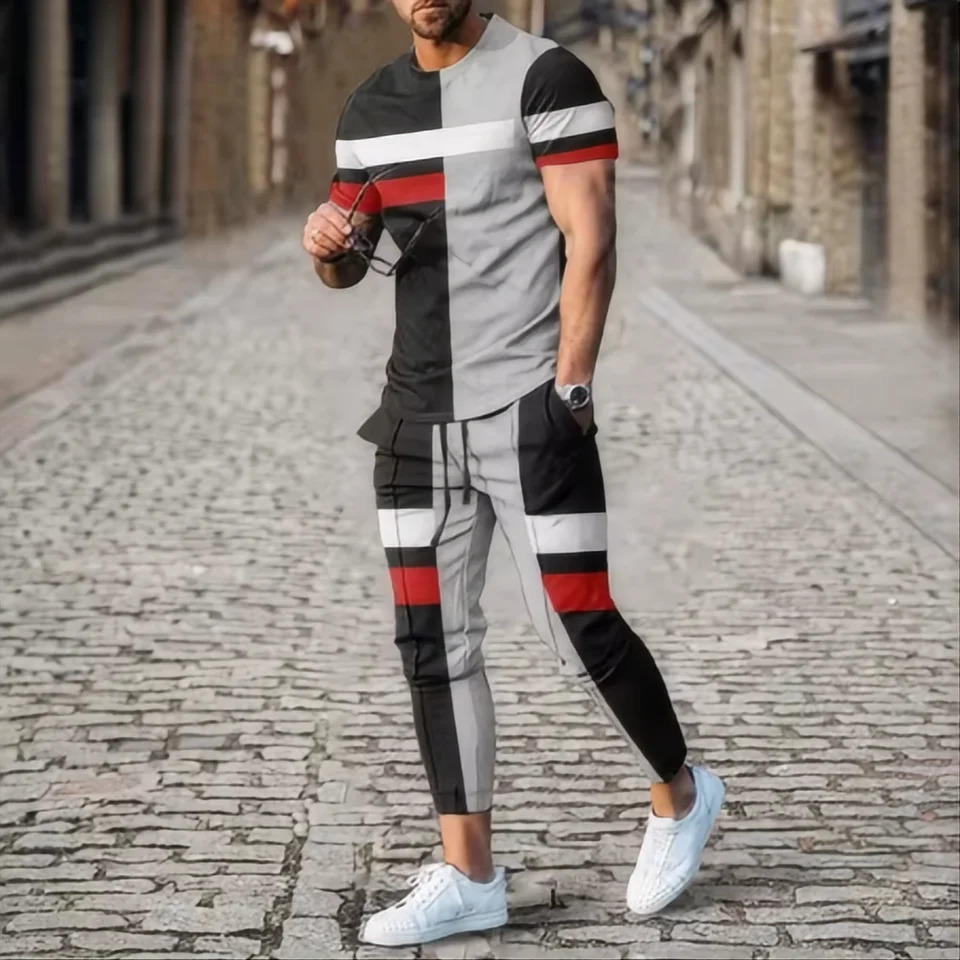 Summer fashion mens T-shirt set 3D printed sports shirt short sleeved T-shirt long sleeved pants 2-piece set 250411