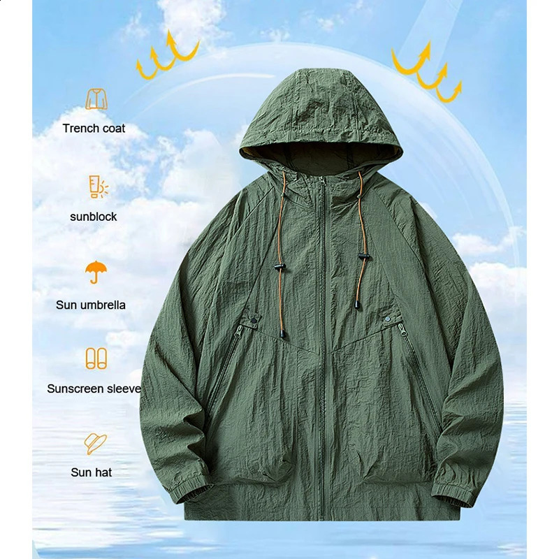 Summer mens casual outdoor quick drying Uv light jacket lightweight sports horse riding fishing hooded skin ultra-thin breathable 250411