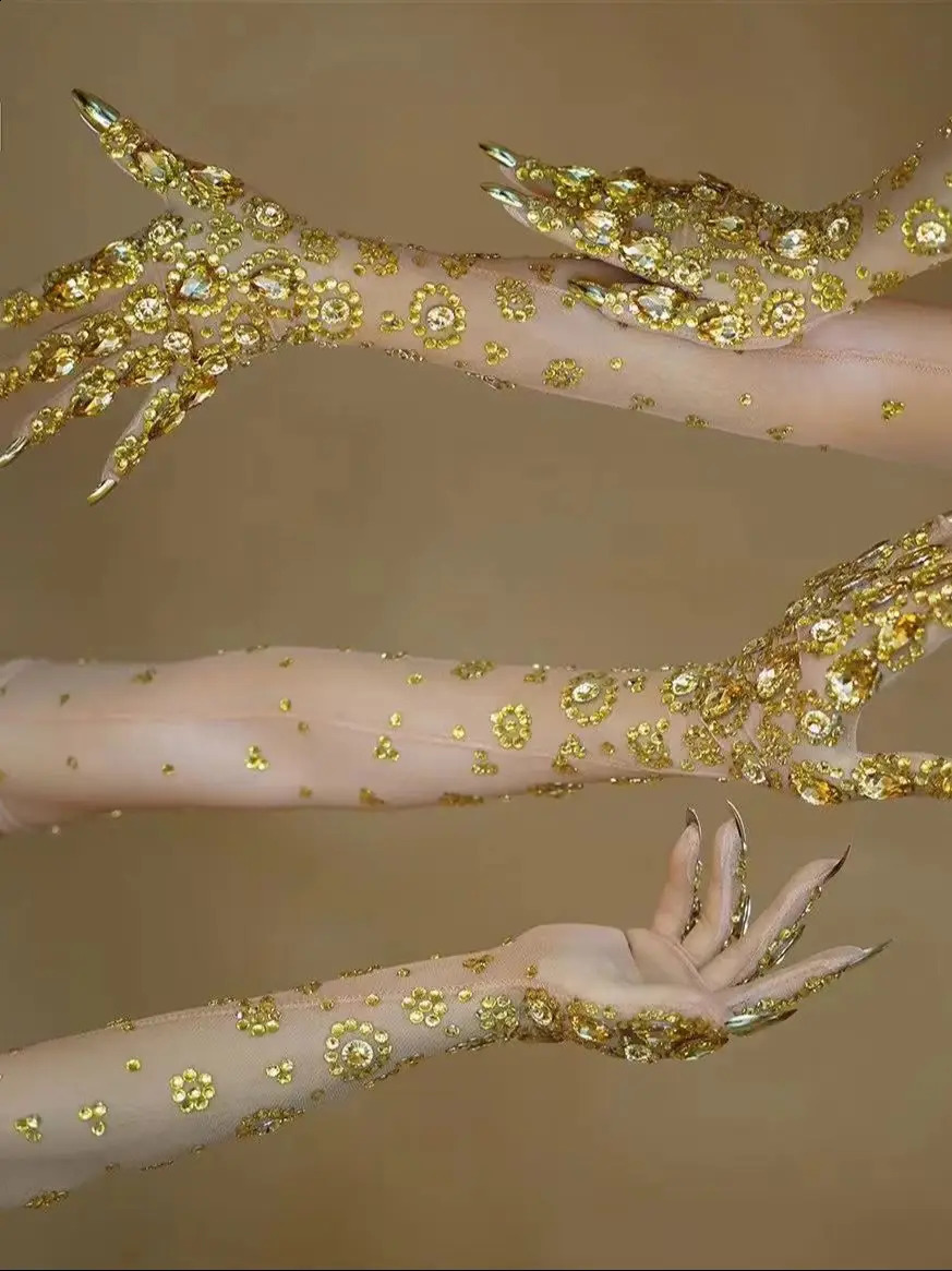 Sexy Gold Rhinestones Mesh Long Gloves Women Dancer Singer Nightclub Stage Party Show Accessories Sparkly Decoration 250408