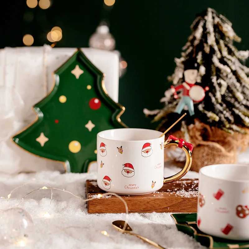 Christmas Style Ceramic Coffee Cup and Saucer Creative Cute Christmas Trees Saucer Christmas Elements Coffee Cup gift box H251112