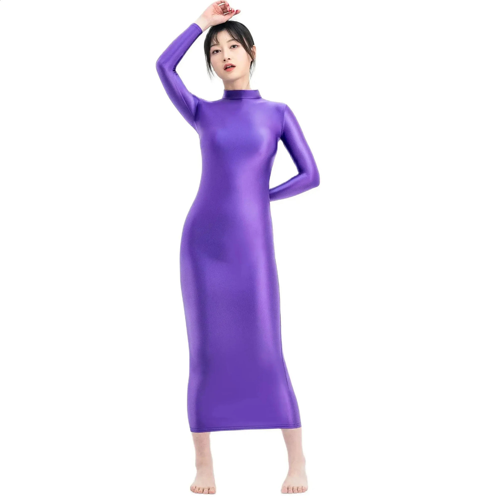 XCKNY Glossiness series dress high neck long sleeved silk elastic tight fitting sports sexy 250411
