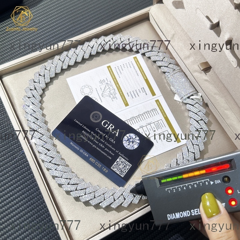 Hip Hop Jewelry Large Size 18mm Necklace VVS Moissanite Pass Tester with GRAWhite Gold Plated Cuban Link Chain for Rapper