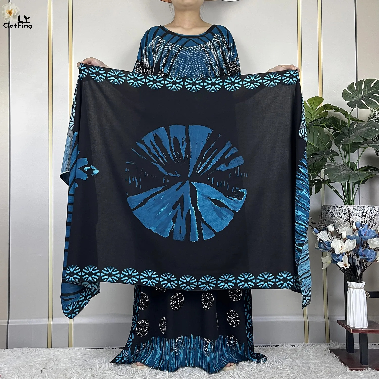 Latest African Womens Summer Short sleeved Dubai Kaftan Diamond Printed Cotton Maxi Muslim Loose Dress with Scarf 250411