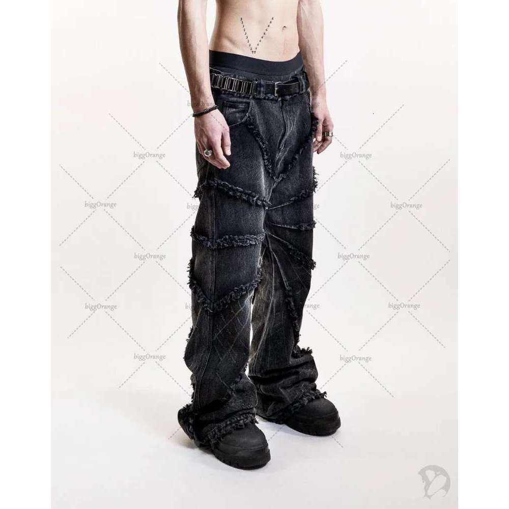 Y2K Punk Black American Street Rock Retro High Waist Oversized Jeans 2023 New Raw Edge Washed Straight Wide Leg Trousers Men