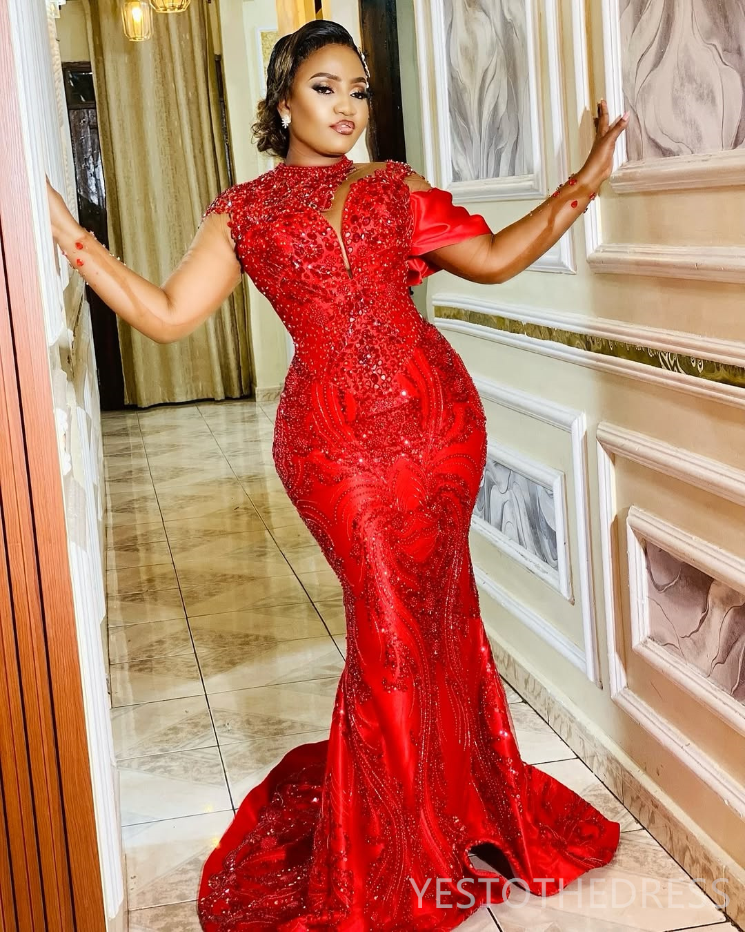 2025 Plus Size Red Prom Dress Mermaid Prom Dresses Evening Formal Gowns For Special Occasions High Neck Beaded Lace Birthday Second Reception Gowns AM