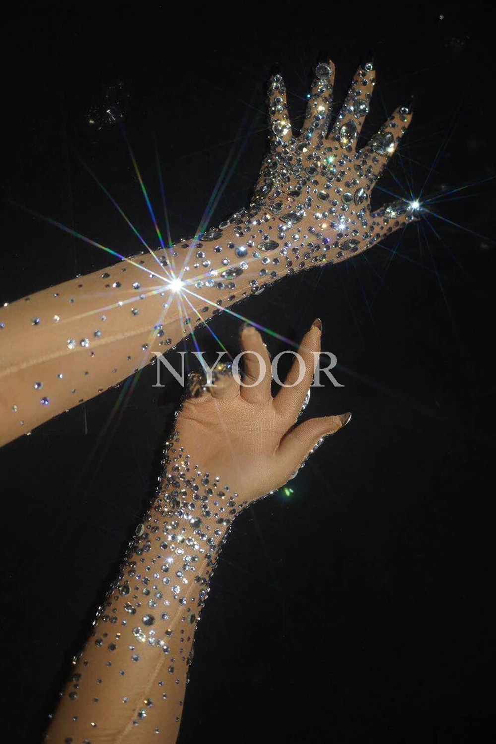 Stretch Rhinestones Gloves Women Sparkly Crystal Mesh Long Gloves Dancer Singer Nightclub Dance Stage Show Accessories 250408