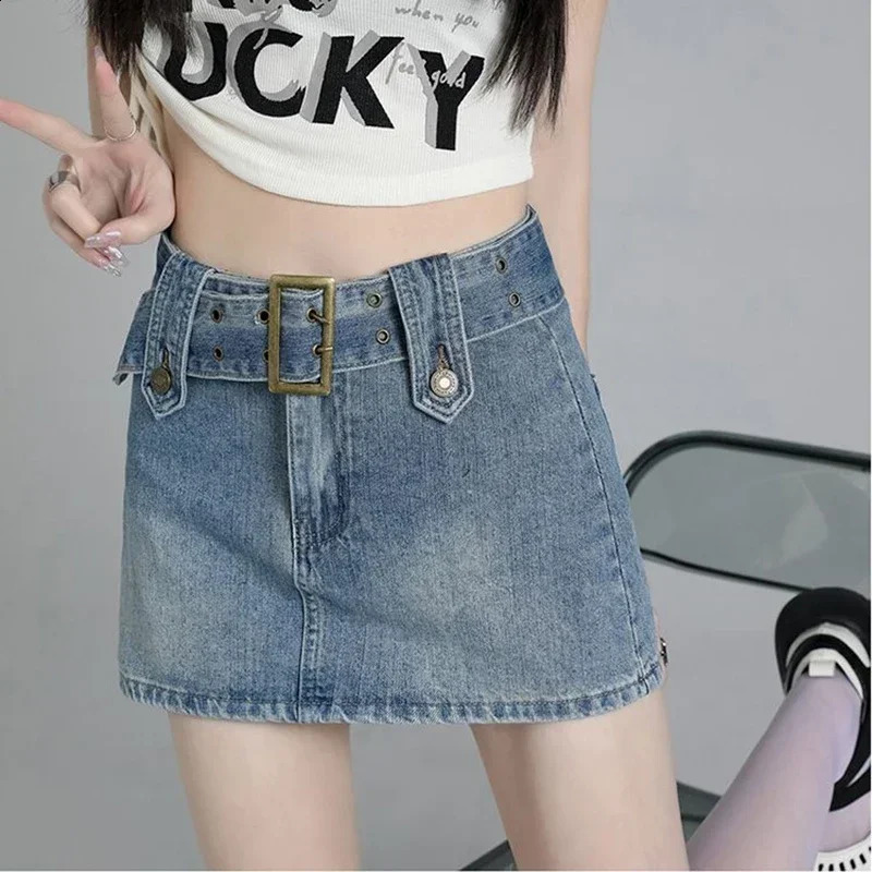 Ins Women American High Waist Gothic Skirts Jeans s Vintage Wrap Hips Denim Dress Female Streetwear Blue Black A Line Skirts 250407