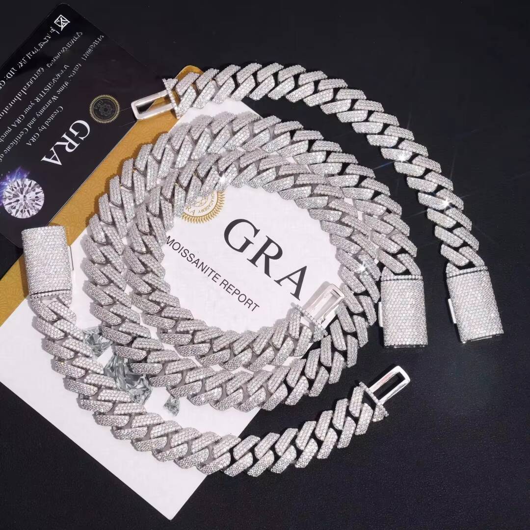 Hot Sale 10mm 12mm 14mm 15mm 20MM 925 Silver Moissanite Cuban Link Chain With Certificate Hip Hop Link Chain Necklace for Gift