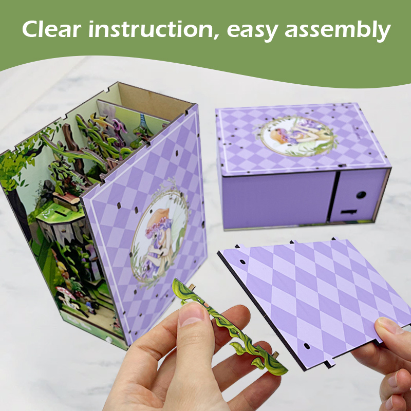 Jungle Elves & Unicorn Themed DIY Assembled Bookend, Exquisite Wooden Craft with LED Light Effect, Creative Bookshelf Insert Decor-L0319P