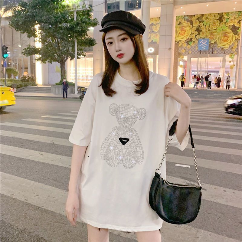 Designer 2025 Women's Heavy Industry Popular Diamond Bear Short Sleeve T-shirt Fashion Summer Black Loose Design High End Women's Top Street