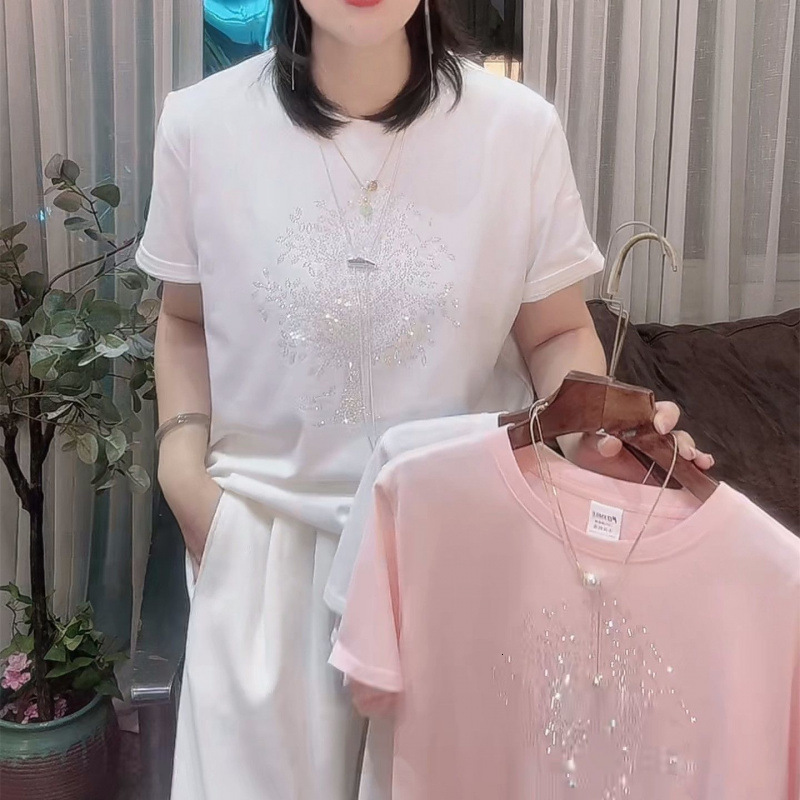 Designer's high-end women's T-shirt 2025 summer heavy industry diamond hot stamping versatile short sleeved shirt regular slimming round nec