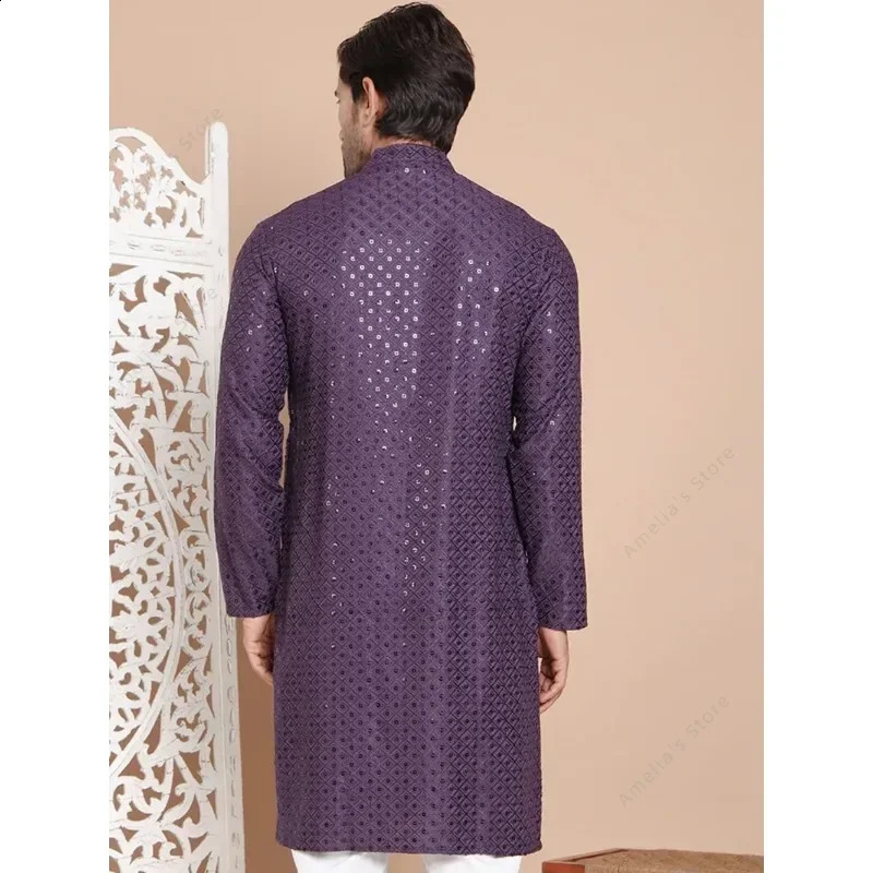 Indian mens Kurta Tunic cotton lightweight long shirt sequins stand up collar wedding festival ethnic costume top 250411