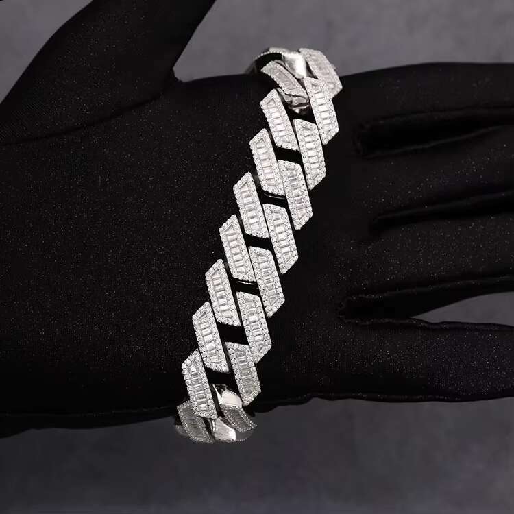 Customized 15mm 18mm 20mm White Gold Plated S925 Cuban Chain Necklace Vvs Moissanite baguette Cuban Link Chain Moissanite