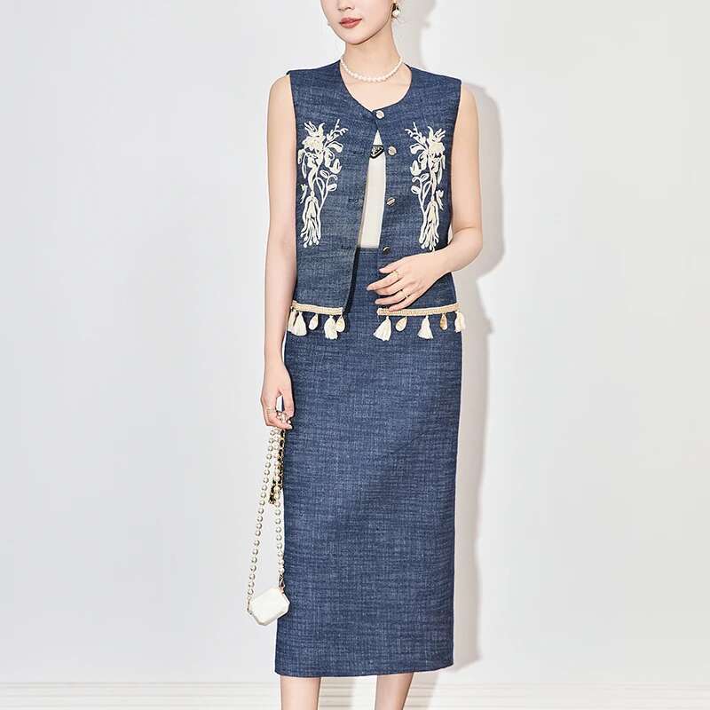 Elegant 2 Pieces Skirts For Women Outfit 2025 Summer New Embroidery Sleeveless Vest Tops And Long Skirt Two Piece Sets Slim